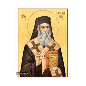 22 karats Saint Nektarios Orthodox icon | GOLD LEAVES 22k - Wood - Handcrafted Icon - Mounted icon - Free Shipping & Gift Case