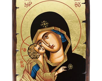 Virgen María Megalochari - Fondo de pan de oro sobre madera maciza de pino tallada a mano. Técnica de envejecimiento. Punto de montaje. Estuche.