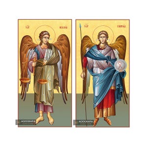 22k Set of 2 Cathedral Icons - Archangels Michael & Gabriel Christian Orthodox Icon on Wood with Gold Leaf background