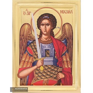 Archangel Michael Christian Orthodox Icon on Wood with Gilding Effect background