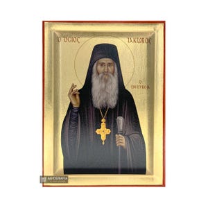 Saint Jacob Tsalikis of Evia Handcrafted Icon with GOLD LEAVES background in a Recessed Natural Wood - CASE - Mounting Point & Stand