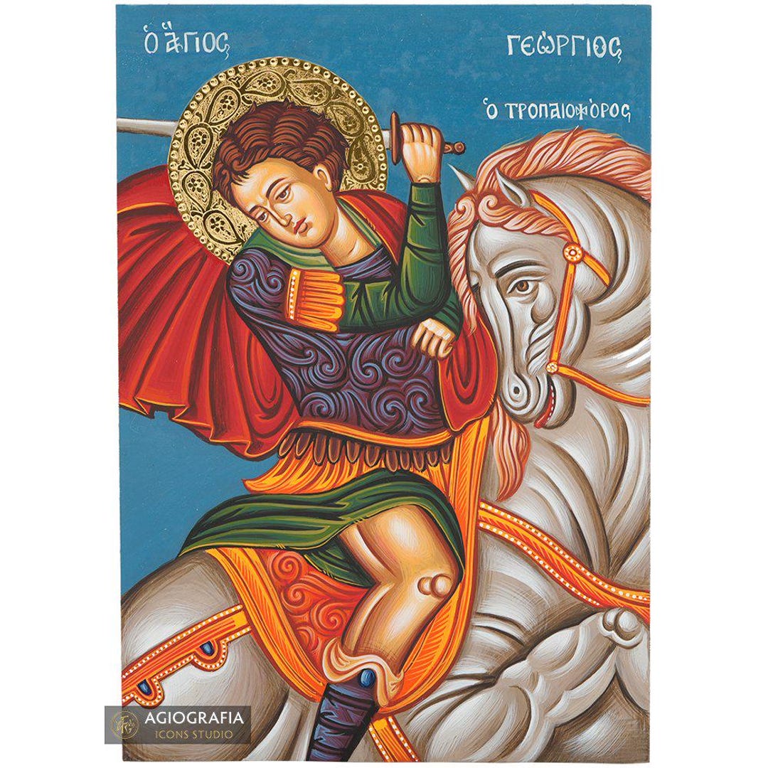St. George Ico St. George Handwritten Icon on Wood With 24k Water Gilded Halo With ...