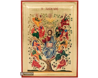 Jesus Christus Baum des Lebens (The Vine / Ampelos) Christlich-Orthodoxe Ikone auf Holz mit Blattgold-Hintergrund mit Luxus-Geschenk-Etui