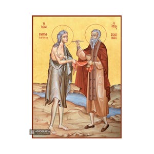 Saint Mary of Egypt and Saint Zosimas Orthodox icon | GOLD LEAF 22k - Wood - Handcrafted Icon - Christian Gift - St icon - Mounted icon
