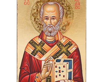 St. Nickolas Handwritten Icon on Wood with 24k Matte Leaves background and 24k Polished Engraved Halo