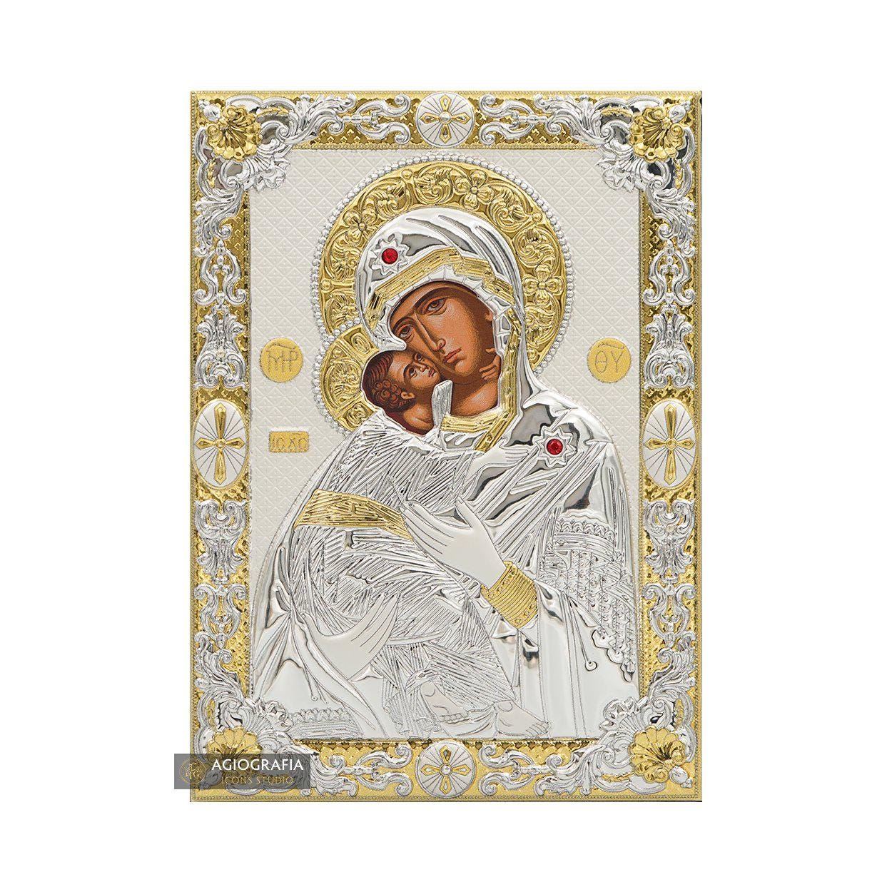ウラジーミルの聖母マリア 銀金メッキ キリスト教正教会 イコン（木製