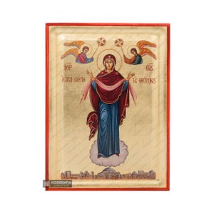 Holy Protection Of The Mother Of God Gold Leaf Background Orthodox Icon - Silk Screen Technique - Mounting Point - Gift Ready