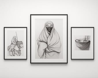 Original Tuschezeichnungen – Reiterin, Verschleierte Frau & Augen | Figurative Schwarz-Weiß-Kunst | Originale und digitale Downloads