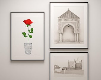 Original marokkanische Malerei: Rosen Aquarell, Essaouira Festung, Bogen Tusche-Skizze