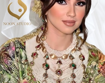 Marokkanische Braut Halskette: 18K Vergoldete Silber Lebba, Edelstein Akzente