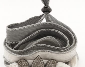 Handgemachte Armband 100% Seide Band Sterling Silber Pave Diamanten Stecker mit Pave Perle