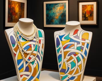 Handbemalte hölzerne Schmuckdarstellungsbüste - Kalligraphie-Kunstskulptur, großes funktionales Dekor (Unikat, 50 cm)