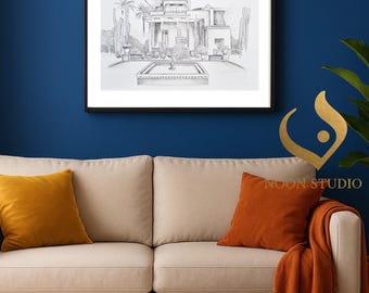 Majorelle Villa Skizze – Handgemachte marokkanische Architektur Zeichnung | Marrakesch Wandkunst | Ink (34×46 cm) + Digital