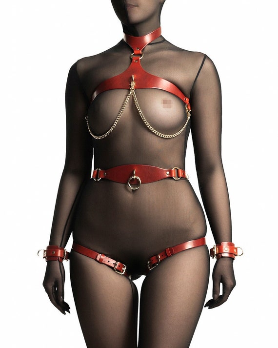 Leather Harness Red BDSM Bondage Handcuffs Panties - Etsy Norway