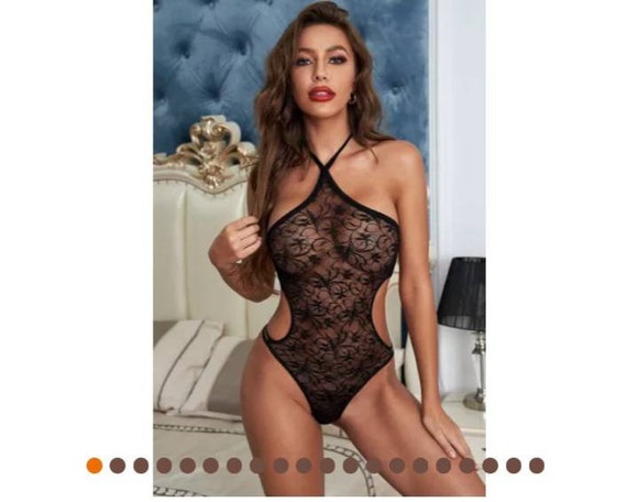 Black Lace Teddies Rhinestones Backless Sexy Lingerie For Women