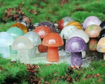 Mushroom shaped natural gemstones, fairy garden mushroom decor