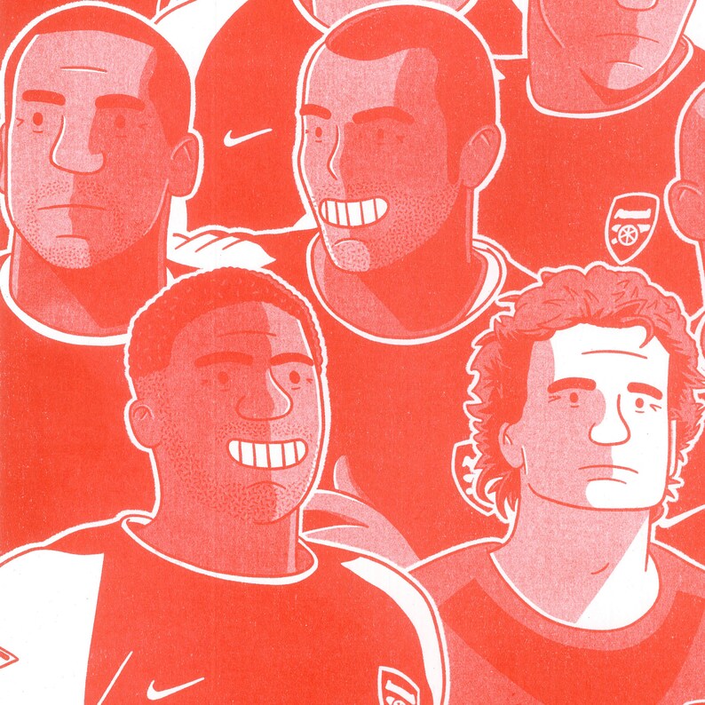 May include: A red and white illustration of a soccer team. The players are wearing red jerseys with white accents and the team logo. The logo is a cannon with the text "Arsenal" above it.