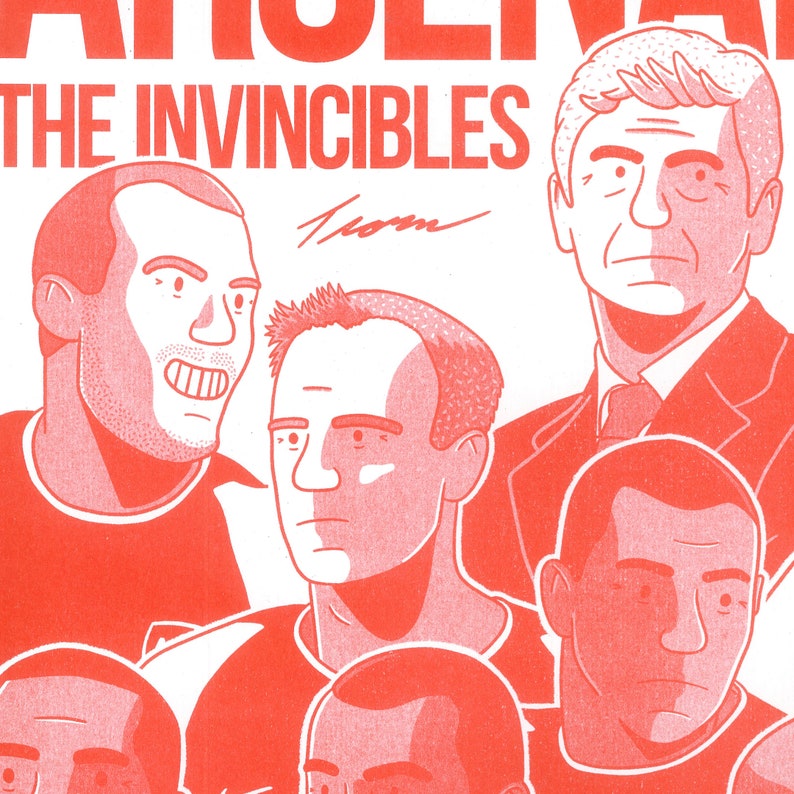 May include: A red and white illustration of a group of men, possibly a sports team, with the text "Arsenal The Invincibles" at the top. The illustration is in a retro style.