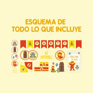 Puede incluir: Un kit de fiesta imprimible con un diseño de monstruo de dibujos animados en rojo y amarillo. El kit incluye una pancarta, adornos para cupcakes, etiquetas y otras decoraciones para fiestas.
