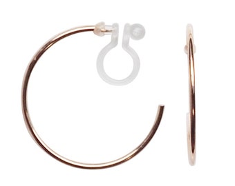 Large clip on hoop earrings,hoop invisible clip on earrings,rose gold clip on hoop earrings,simple big 30 mm clip on hoop earrings