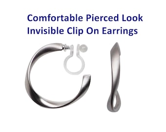 Comfortable twisted silver invisible clip on hoop earrings