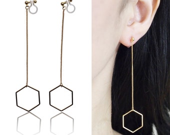 Hexagone clip invisible sur boucles d’oreilles pendantes, boucles d’oreilles à clip en or à longue chaîne, boucles d’oreilles non percées, boucles d’oreilles confortables à clipser, cadeau pour elle