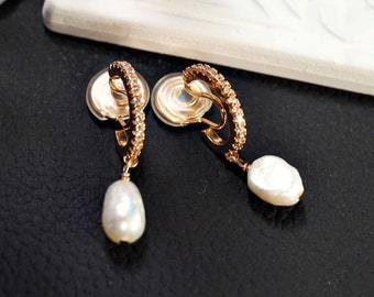 Freshwater Pearl Clip On Earrings, Bridal White Pearl Coil Clip-On Earrings, Gold Crystal Cubic Zirconia CZ Clip Earrings for Women, Bride