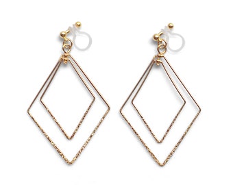 Silver diamonds hoops invisible clip on earringsdangle square clip-on earringsnon pierced earringscomfortable drop clip on hoop earrings