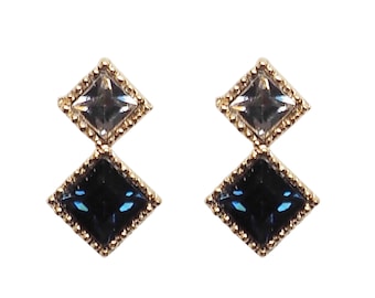 Navy blue swarovski clip on earrings, square crystal invisible clip on earrings, non pierced earrings, rhinestone gold clip on stud earrings