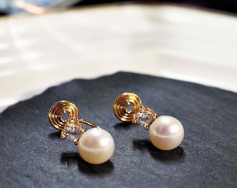 White Freshwater Pearl Clip On Earrings, Gold Cubic Zirconia Crystal CZ Coil Clip-On Earrings, Comfortable Gold Bridal Clip Earrings, Women