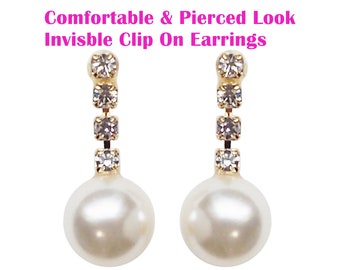 Bridal white pearl clip on earrings - crystal invisible clip on earrings - non pierced earrings - dangle gold rhinestone clip on earrings