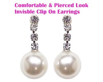 White Pearl Invisible Clip On Earrings Dangle Silver Crystal Bridal, Wedding