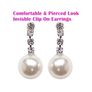 Witte parel onzichtbare clip op oorbellen Dangle Silver Crystal Bridal, bruiloft