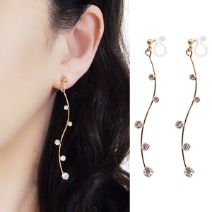 Gold Bar clip op oorbellen, onzichtbare clip op oorbellen, niet doorboord oorbellen, strass clip op oorbellen, kristallen clip op oorbellen Dangle