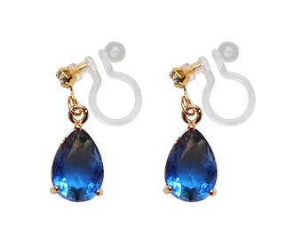 Crystal Clip On Earrings Dangle Invisible Blue