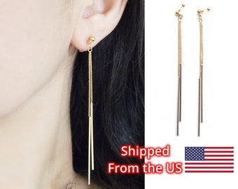Comfortable gold long chain bar dangle invisible clip on earrings, non pierced earrings, clip on earrings dangle