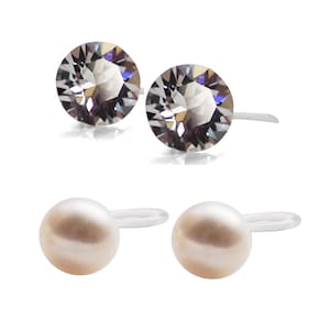 Onzichtbare clip-on oorbellen, witte zoetwaterparel clip-on stud oorbellen, Swarovski Crystal clip-on oorbellen niet-doorboorde oorbellen 2 paar