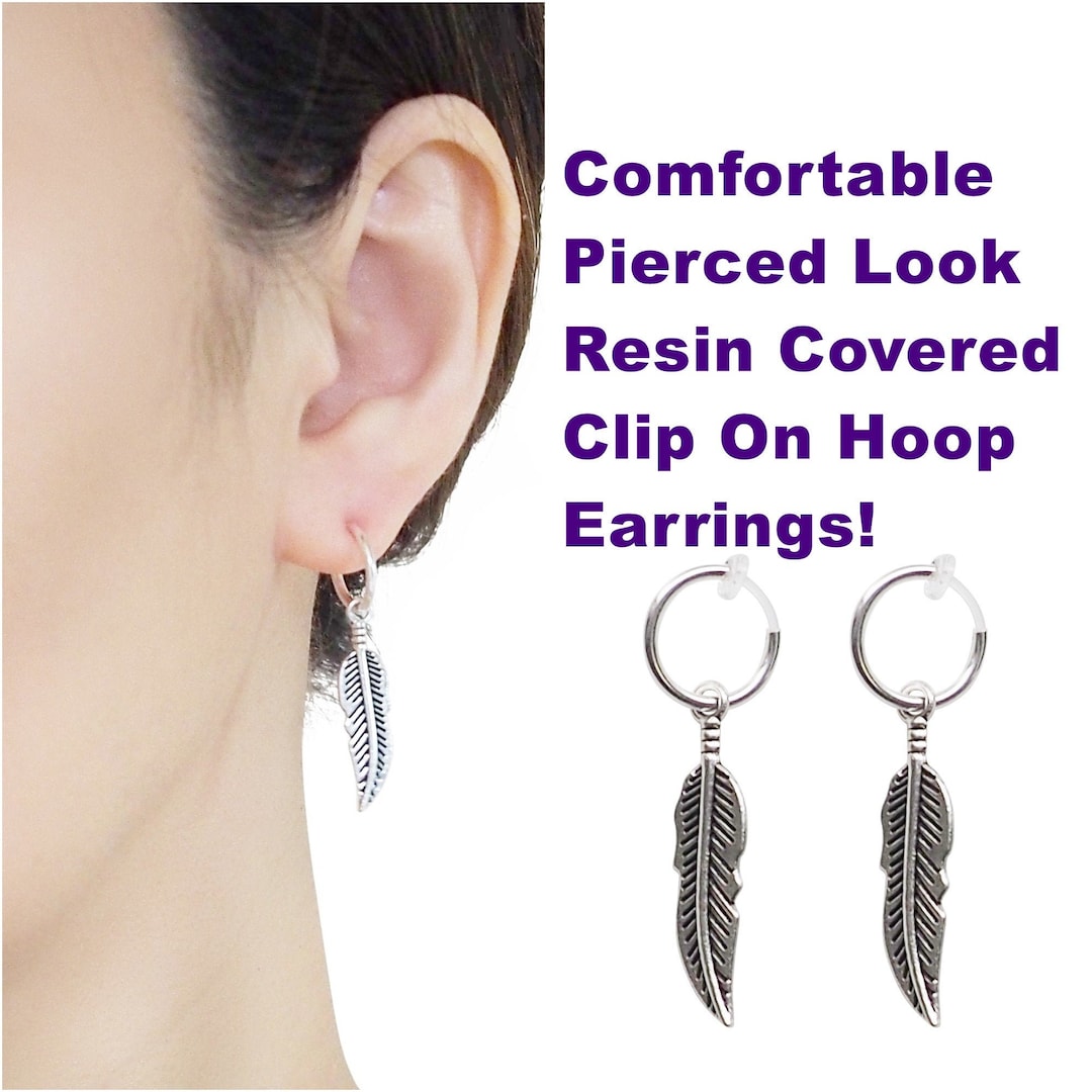 Silver Feather Clip on Earrings for Men, Comfortable BTS Clip on Hoop