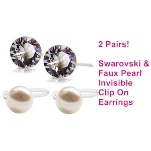 Onzichtbare clip-on oorbellen, witte FAUX parel clip op Stud Oorbellen, Swarovski Crystal clip-on oorbellen niet-doorboorde oorbellen 2 paar