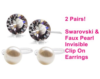 Invisible Clip On Earrings, White FAUX Pearl Clip On Stud Earrings, Swarovski Crystal Clip-On Earrings Non Pierced Earrings 2 Pairs