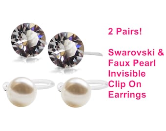 Unsichtbare Ohrclips, Weiße FAUX Perle Ohrstecker Ohrringe, Swarovski Kristall Ohrclips Nicht Durchbohrte Ohrringe 2 Paar