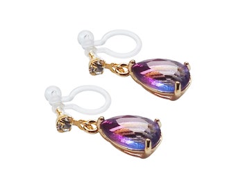 Invisible clip on earrings dangle light purple teardrop crystal