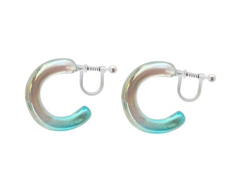 Clear Chunky Invisible Clip On Hoop Earrings, Crystal Clear Blue Huggie Hoop Clip On Hoop Earrings, Non Pierced Earrings, Birthday Gift