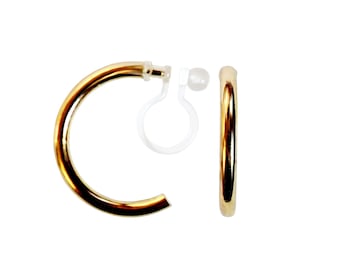 Simple Gold 18mm Invisible Clip On Earrings, Comfortable Non Pierced Earrings, Minimalist Gold Clip On Hoop Earrings, Hypoallergenic