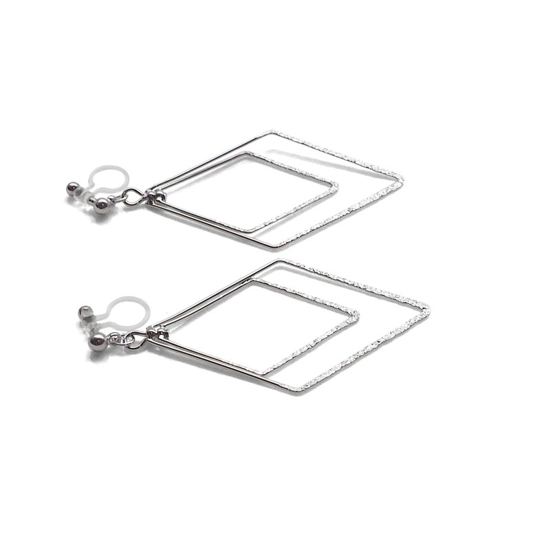 Silver diamonds hoops invisible clip on earringsdangle square clip-on earringsnon pierced earringscomfortable drop clip on hoop earrings