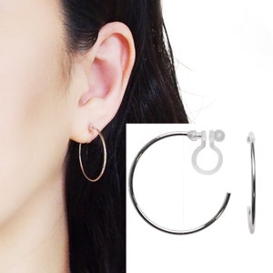 30mm silver clip on hoop earrings, hoops invisible clip on earrings, non pierced earrings, simple large invisible clip on earrings hoop