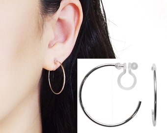 30mm silver clip on hoop earrings, hoops invisible clip on earrings, non pierced earrings, simple large invisible clip on earrings hoop