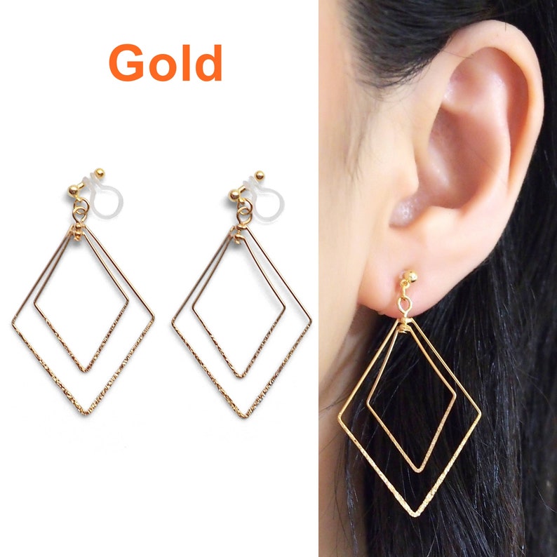 Silver diamonds hoops invisible clip on earringsdangle square clip-on earringsnon pierced earringscomfortable drop clip on hoop earrings