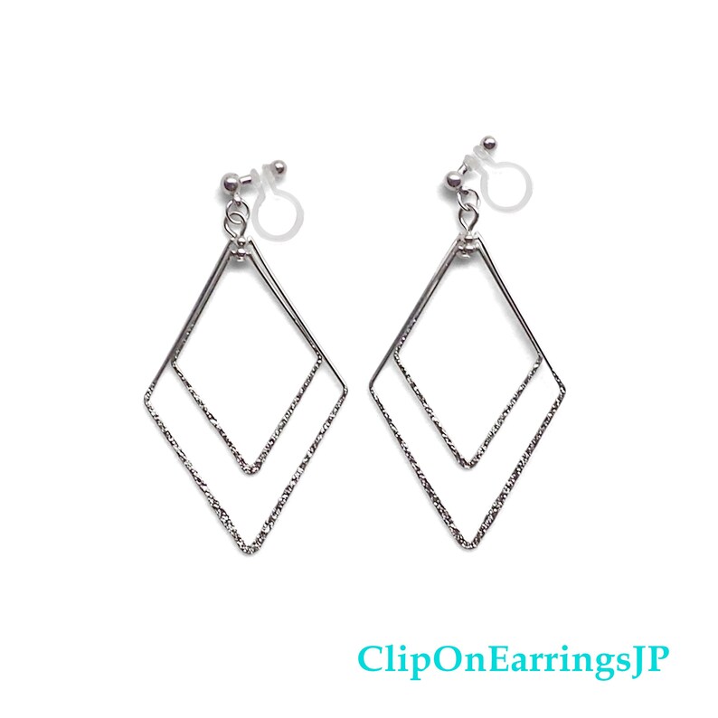 Silver diamonds hoops invisible clip on earringsdangle square clip-on earringsnon pierced earringscomfortable drop clip on hoop earrings