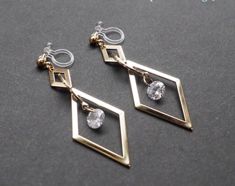 Gouden hoepel clip op oorbellen, onzichtbare clip op oorbellen, niet doorboord oorbellen, Cubic Zirconia clip-ons, CZ kristal clip op oorbellen Dangle